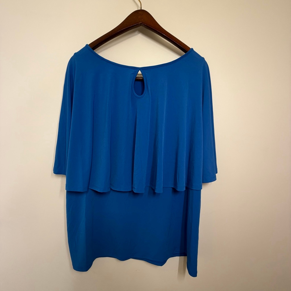 IMAN Global Chic Royal Blue Cape Sleeve Flutter Top Keyhole L Workwear NWOT - Picture 2 of 10